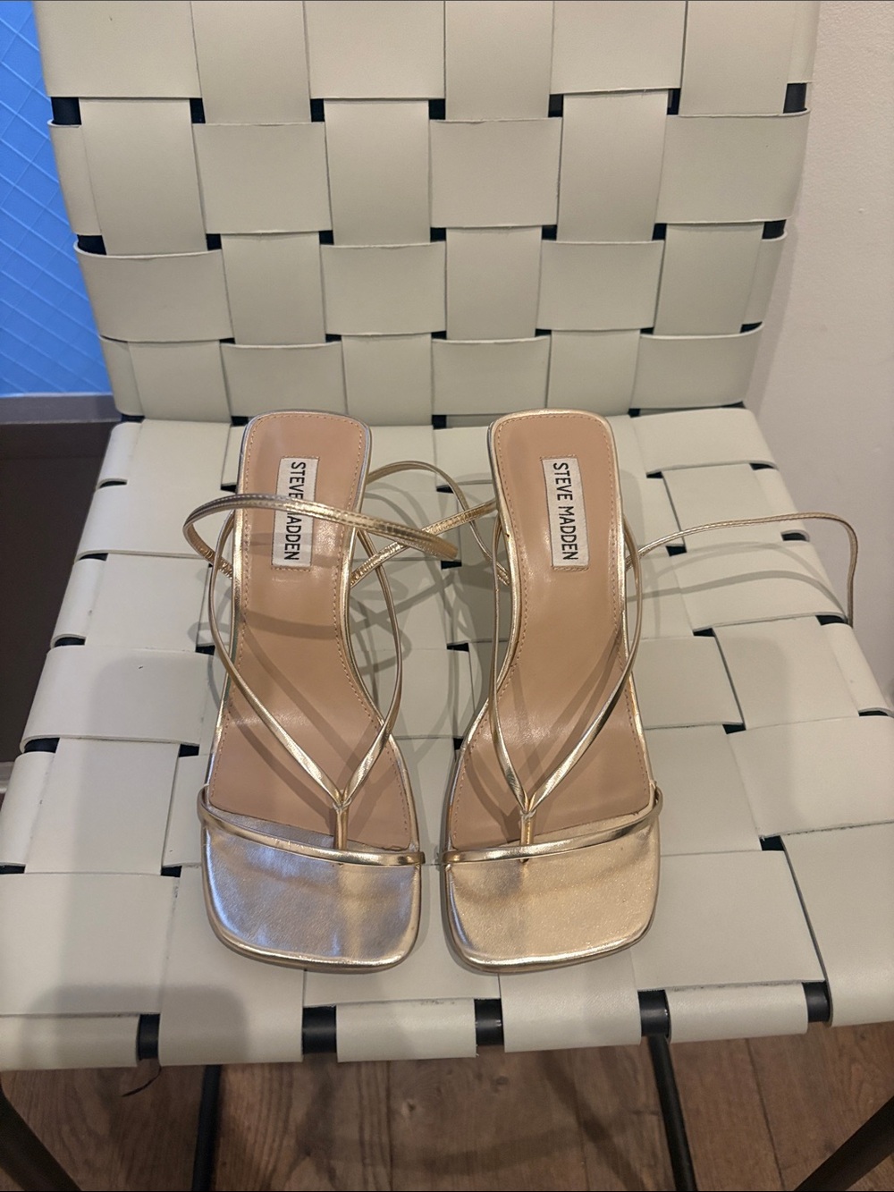 Steve Madden Metallic Gold Strappy Square-Toe Heeled Sandals